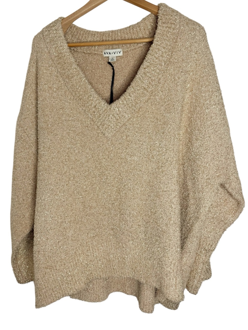 AVA & VIV Shimmery V-neck Long Sleeve Gold Textured/Cream Eyelash Sweater sz 3X